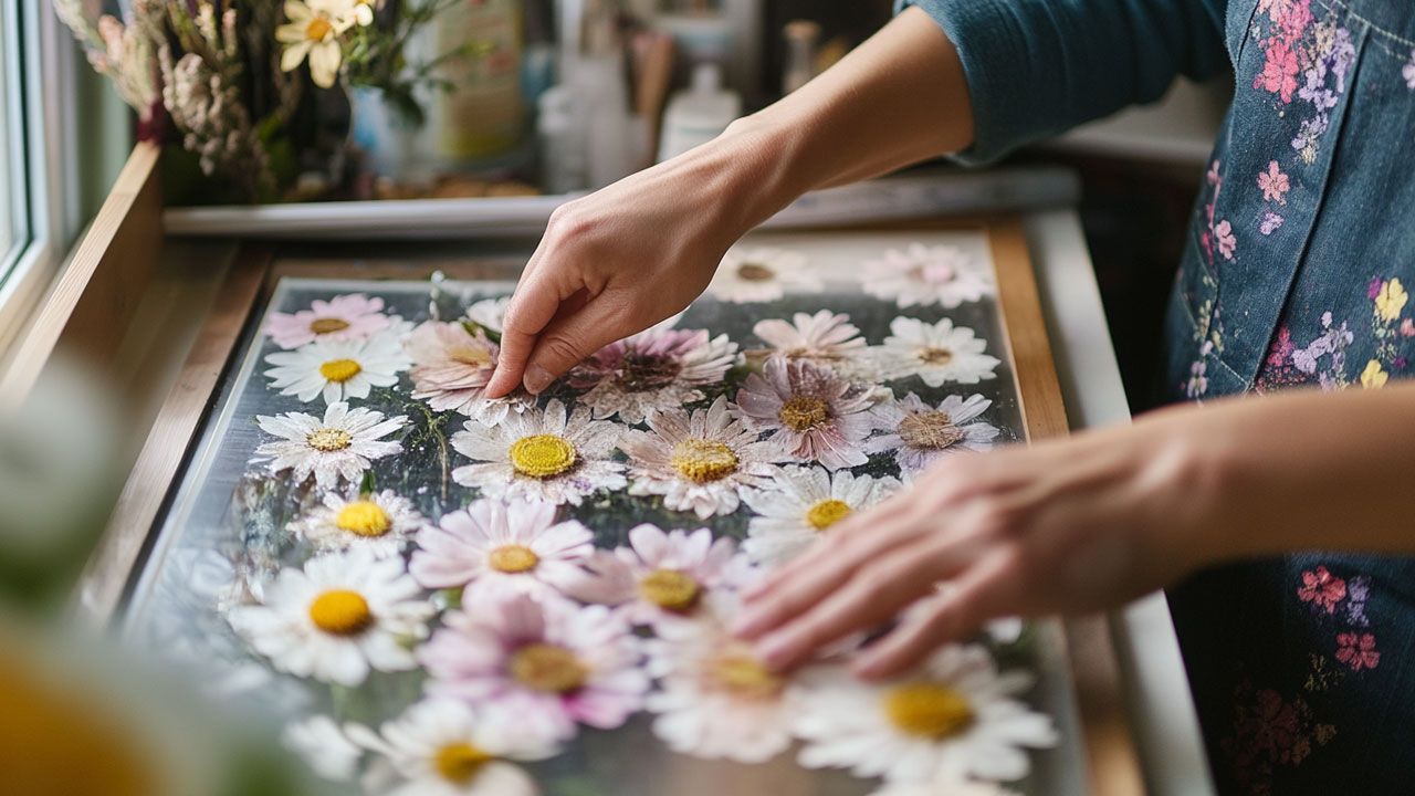 Person arranging pressed flowers, including daisies, on a glass surface by a window. Sunlight illuminates the workspace.