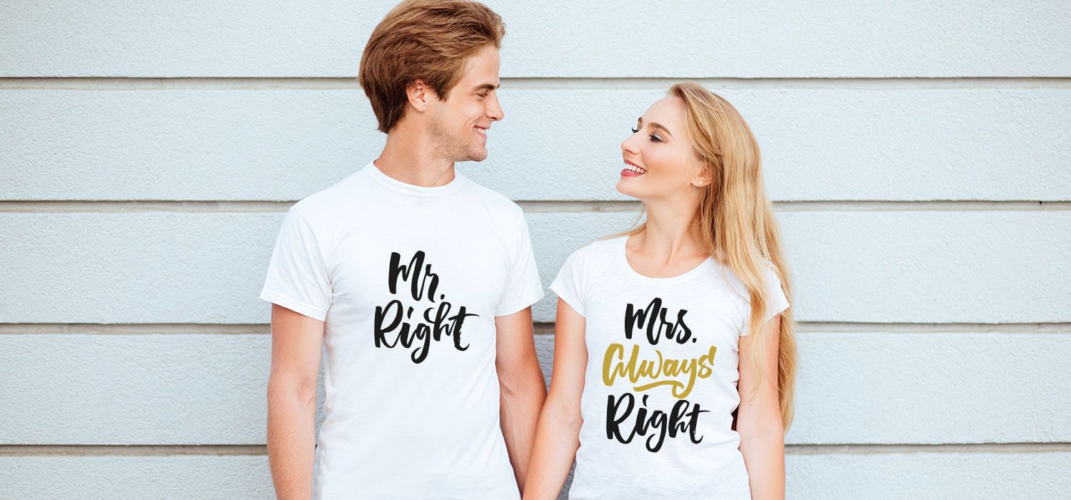 Couple wearing matching custom t‑shirts – Mr. Right and Mrs. Always Right – illustrating 2026 t‑shirt design ideas.