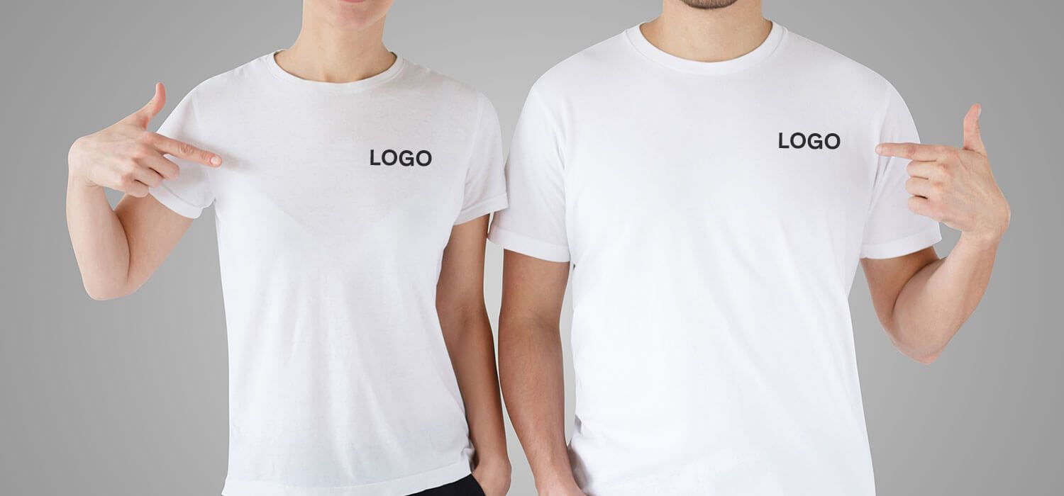 Two people wearing white t-shirts with the word "LOGO" printed on them, both pointing to the logo.