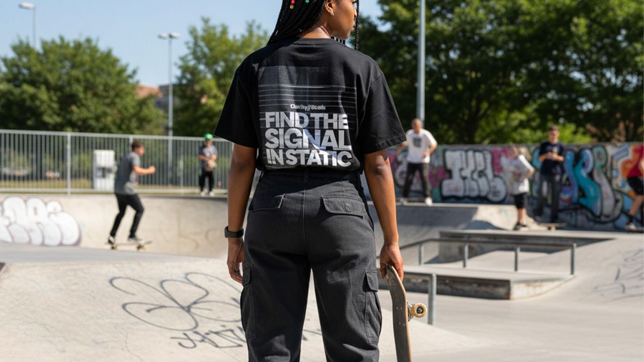Person with a skateboard stands in a skatepark, wearing a shirt with "Find the Signal in Static" printed on the back. Other skaters in the background.
