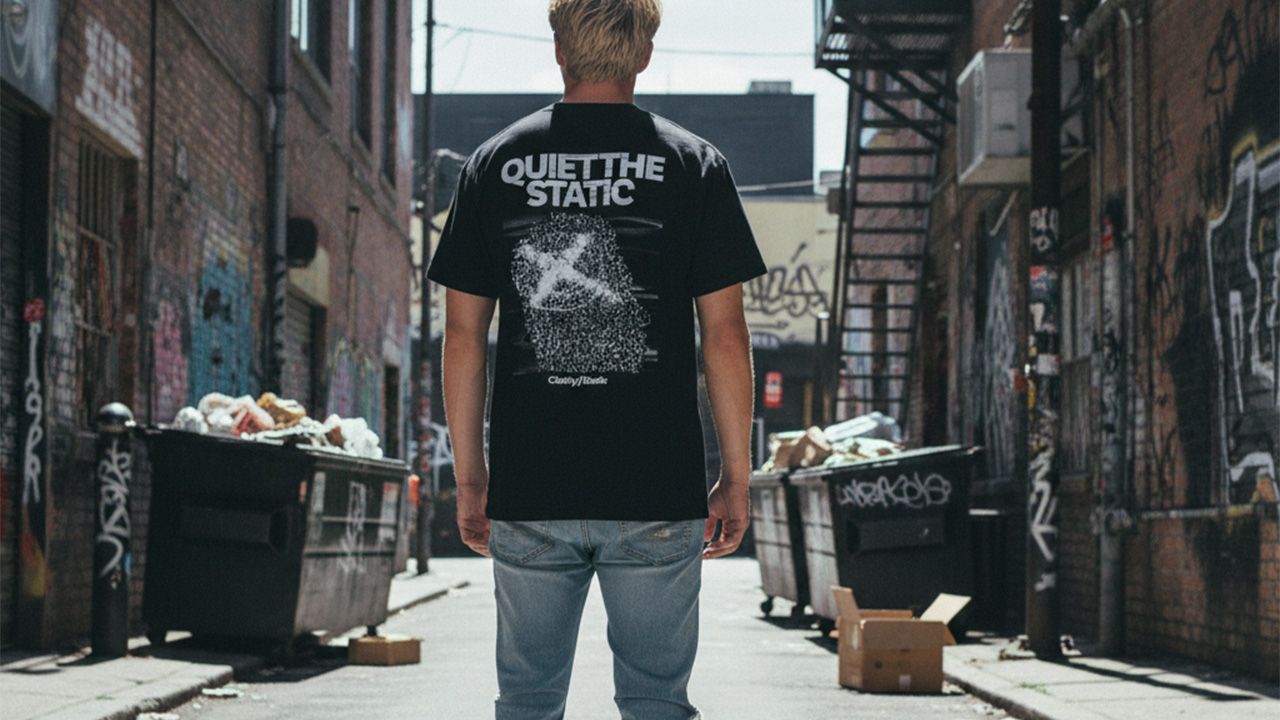 Person in a "Quiet the Static" shirt stands in a graffiti-covered alley, facing away, with dumpsters and scattered boxes around.