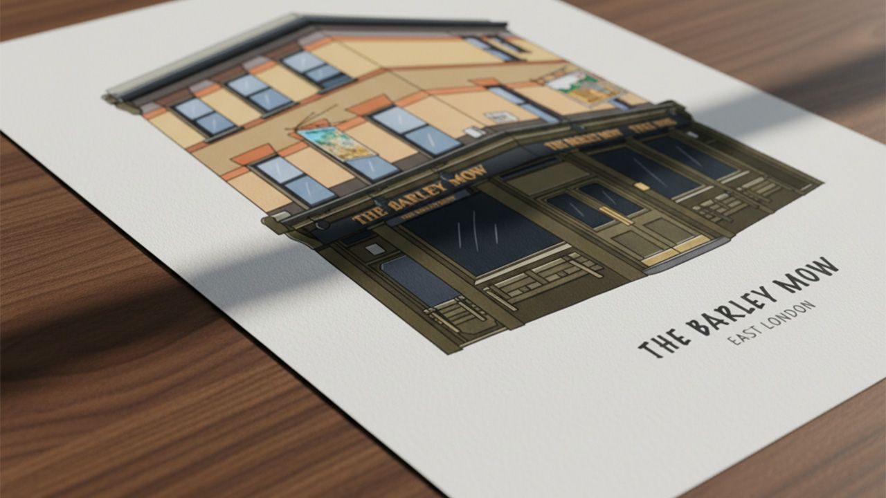 Illustration of "The Barley Mow" pub in East London on paper, featuring a two-story building with a classic facade, on a wooden surface.