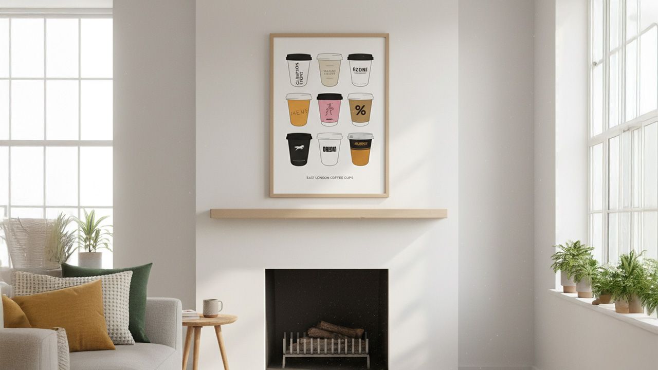 A cozy living room with a framed coffee cup illustration above a fireplace, surrounded by plants and a sofa with cushions.