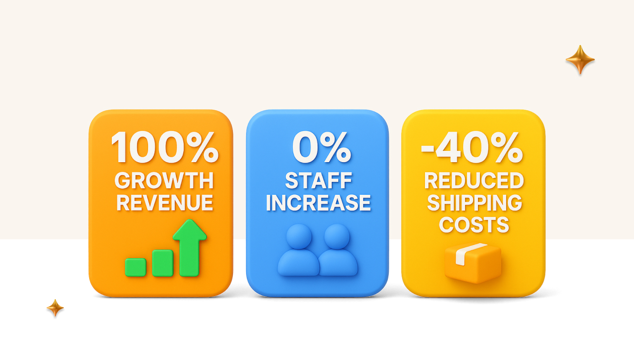 Drei farbige Blöcke zeigen Geschäftskennzahlen: 100 % Umsatzwachstum, 0 % Personalaufstockung und -40 % reduzierte Versandkosten, mit Icons.