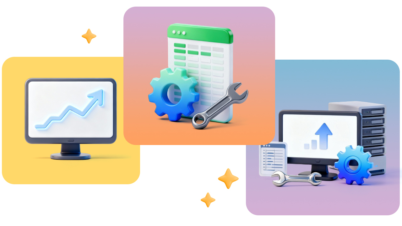 Illustration of a monitor with an upward graph, a spreadsheet with tools, and a computer with servers, symbolizing data analysis and IT support.