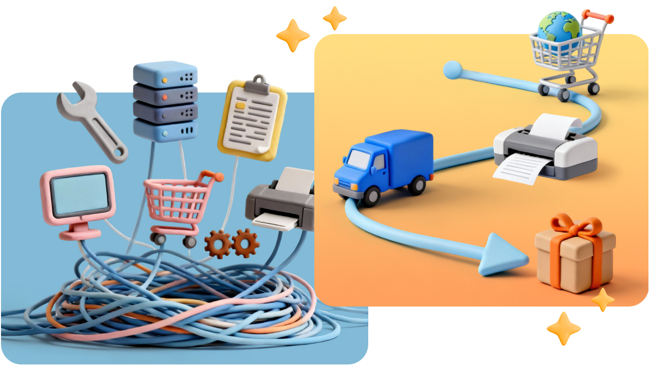 Two 3D illustrations: left shows tech tools and cables; right depicts a delivery process with a truck, printer, and gift.