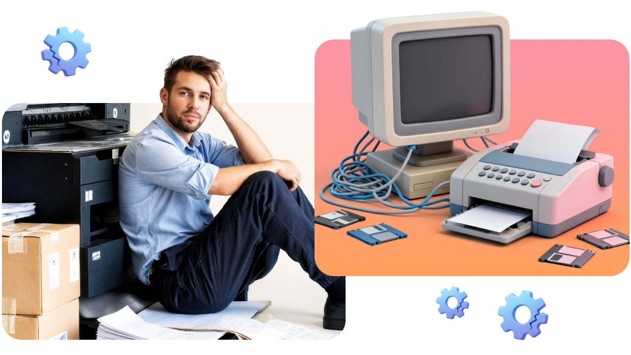 Man sitting by office equipment and boxes, next to a vintage computer setup with a monitor, printer, and floppy disks. Gears decorate the image.