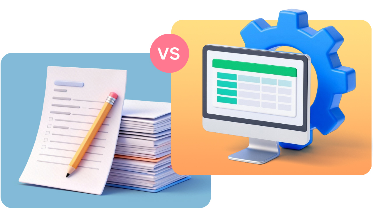 Illustration showing a stack of papers with a pencil versus a computer monitor with a gear, symbolizing manual work versus automation.