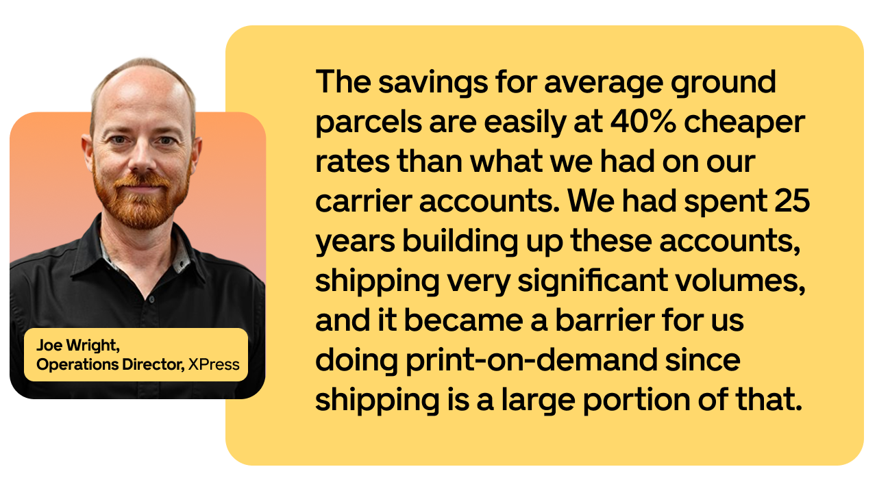 Man with a beard and short hair next to a quote about cost savings in parcel shipping, highlighting a 40% reduction in rates.