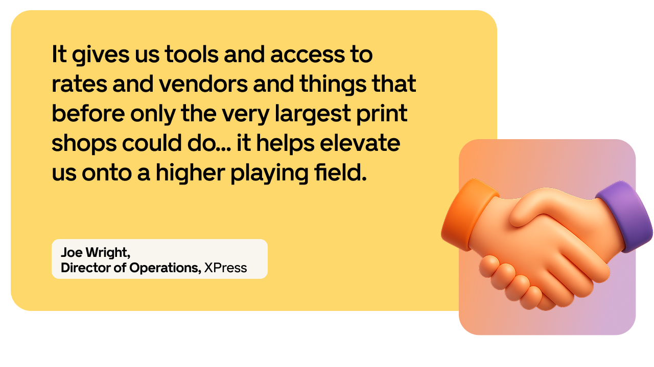 Quote about tools and access elevating operations, with handshake icon and label: Joe Wright, Director of Operations, XPress.