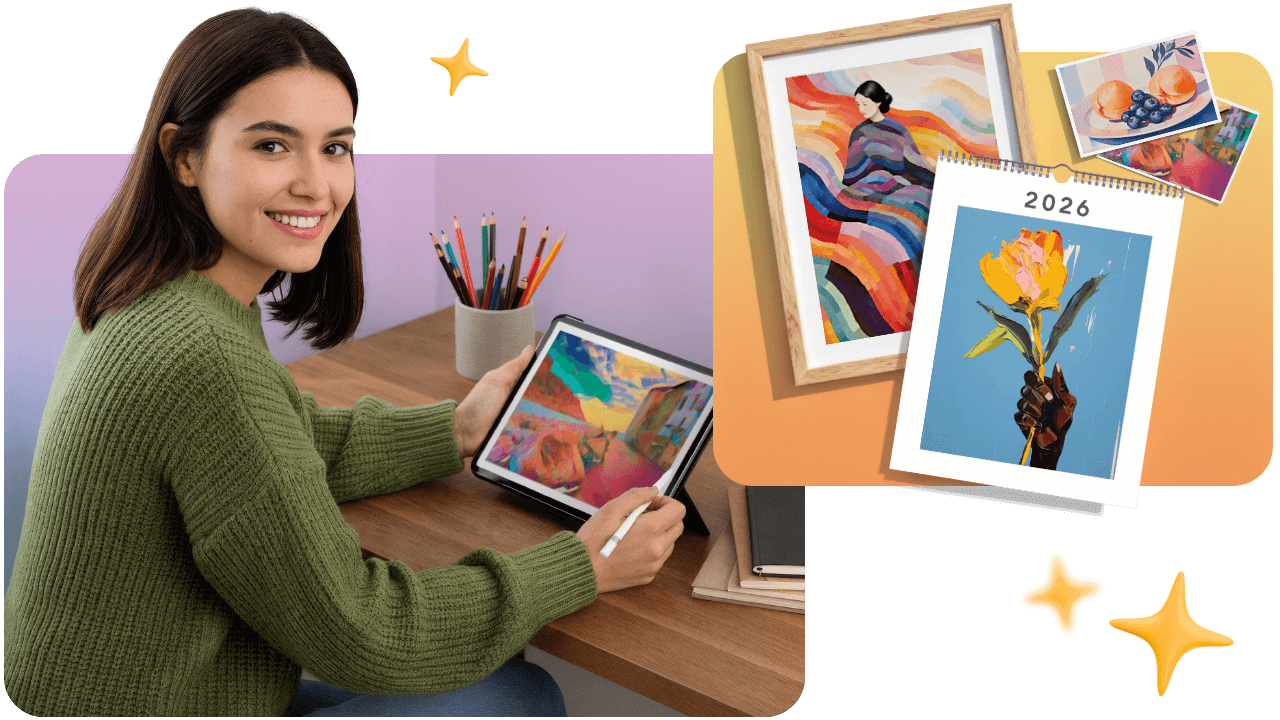 Smiling woman drawing on a tablet at a desk, surrounded by colorful artwork, a 2026 calendar, and colored pencils.