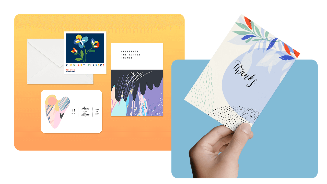 A hand holds a "Thanks" card with abstract designs. Nearby are colorful cards and an envelope on an orange background.