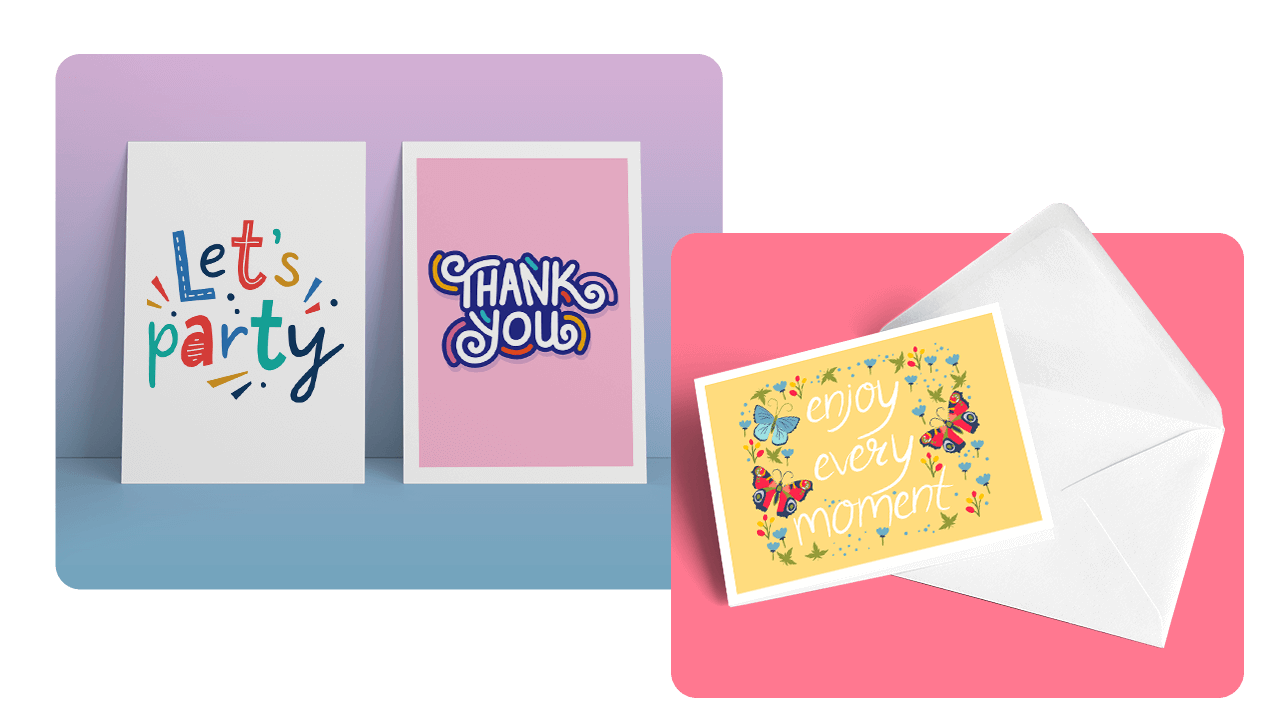 Three colorful cards: "Let's Party" on white, "Thank You" on pink, and "Enjoy Every Moment" with flowers and butterflies, next to an envelope.