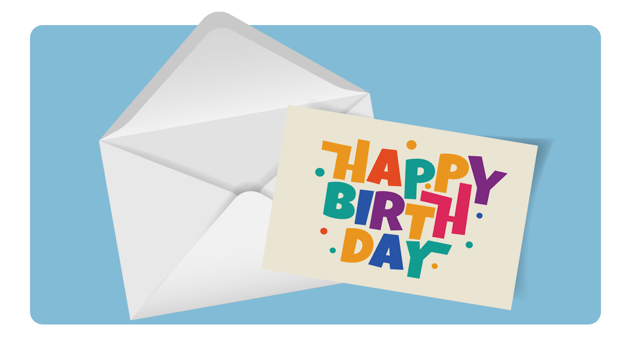A colorful "Happy Birthday" card partially slides out of an open envelope on a blue background.
