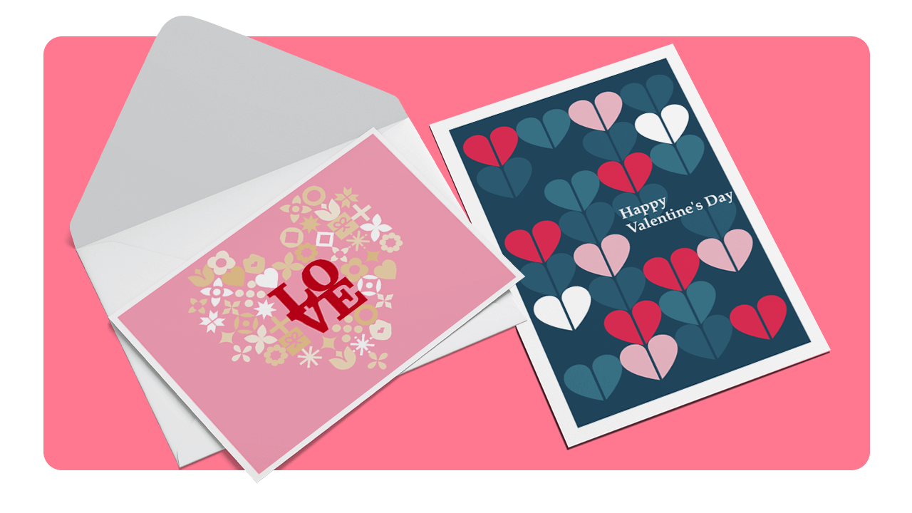 Two Valentine's Day cards: one pink with "LOVE" and floral design, the other blue with heart balloons and "Happy Valentine's Day" text.