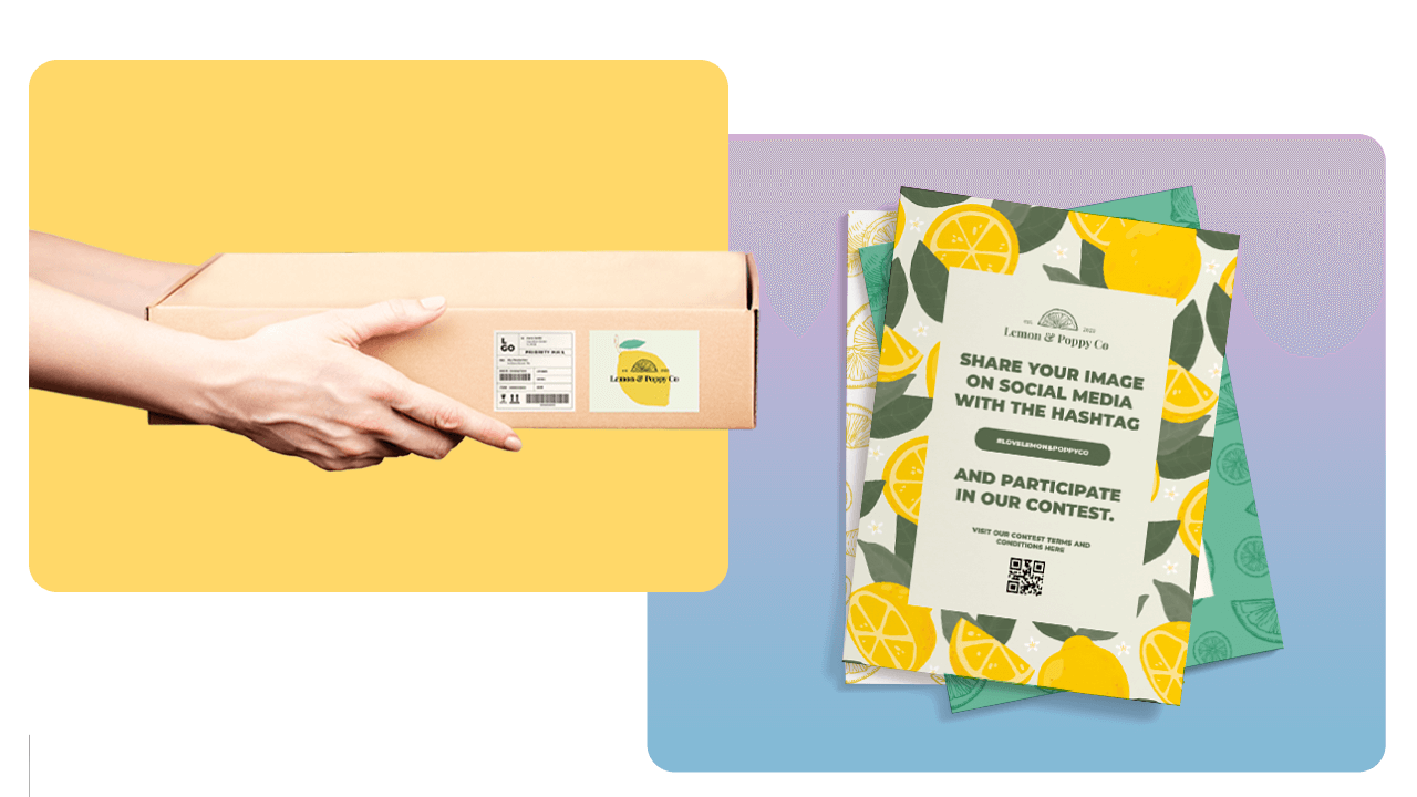 A hand holding a cardboard box with a lemon sticker. Next to it, colorful flyers with lemon designs and contest details.