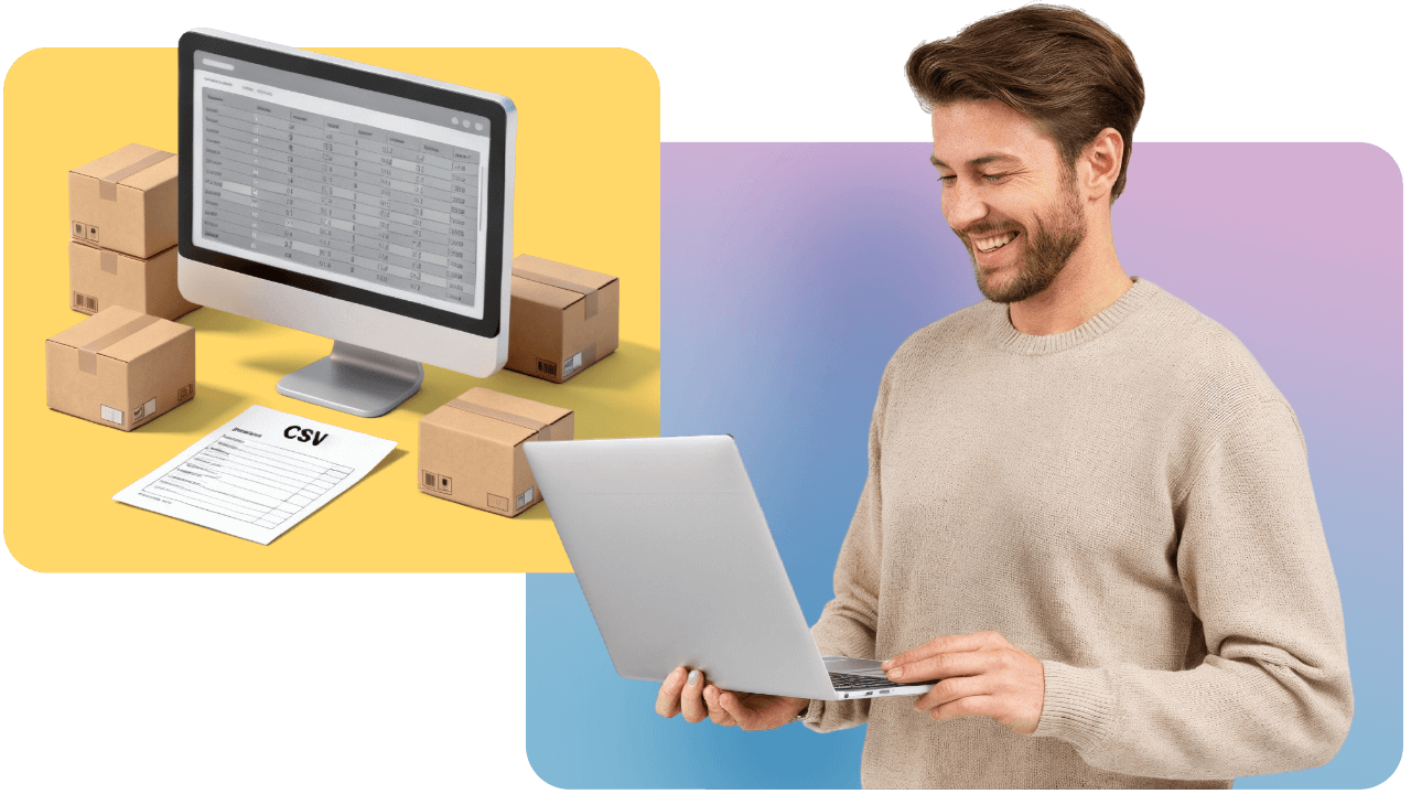 A man smiles at a laptop. Nearby, a monitor displays a spreadsheet, surrounded by cardboard boxes and a CSV document.