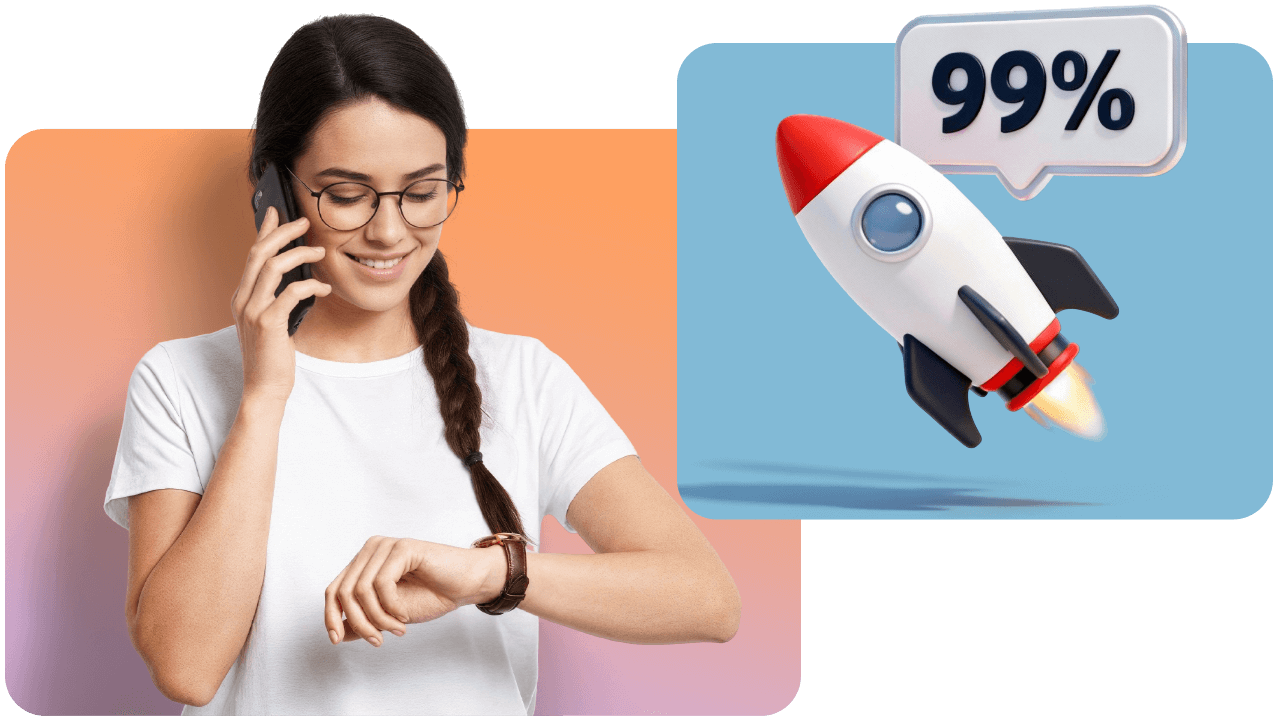 Woman on phone checking watch; rocket icon with "99%" indicates high performance or progress.
