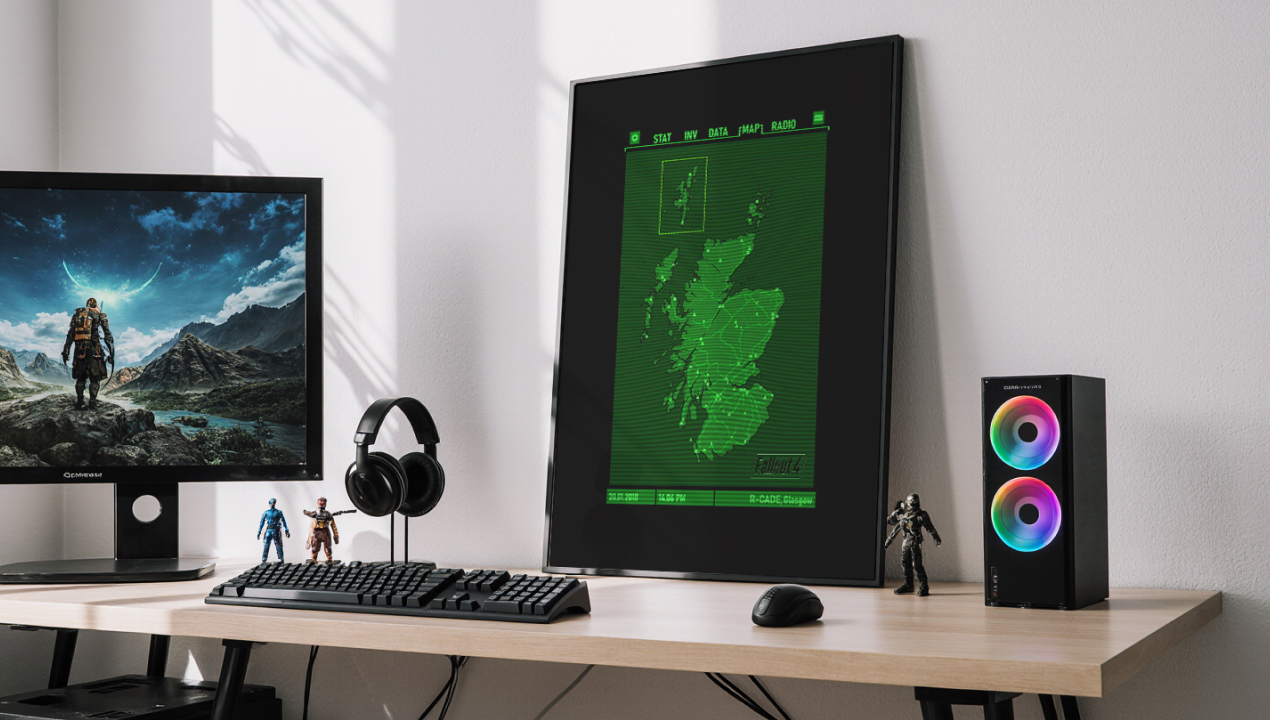 A gaming setup with a monitor, keyboard, and headset on a desk. A glowing PC tower and a green map poster are also displayed.