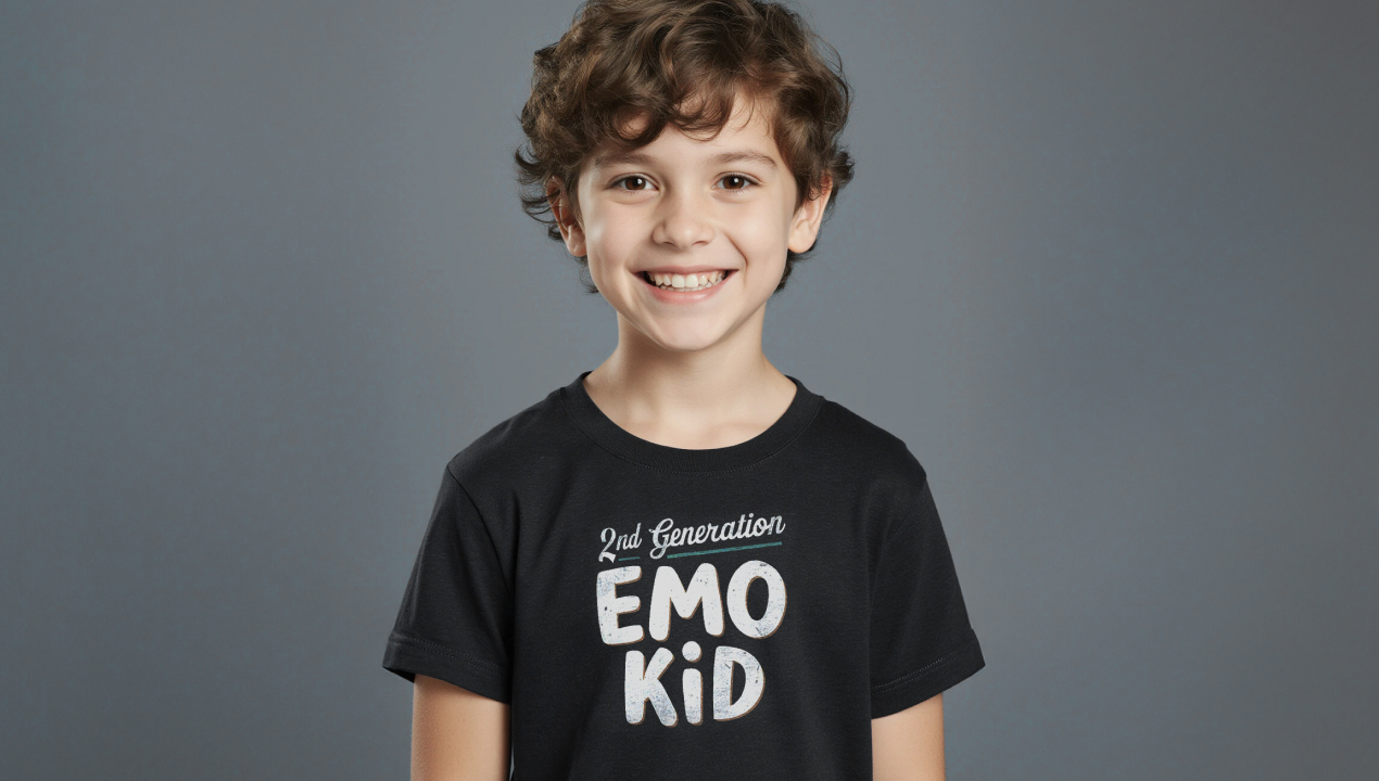 Smiling child with curly hair wearing a black t-shirt that says "2nd Generation Emo Kid" against a gray background.