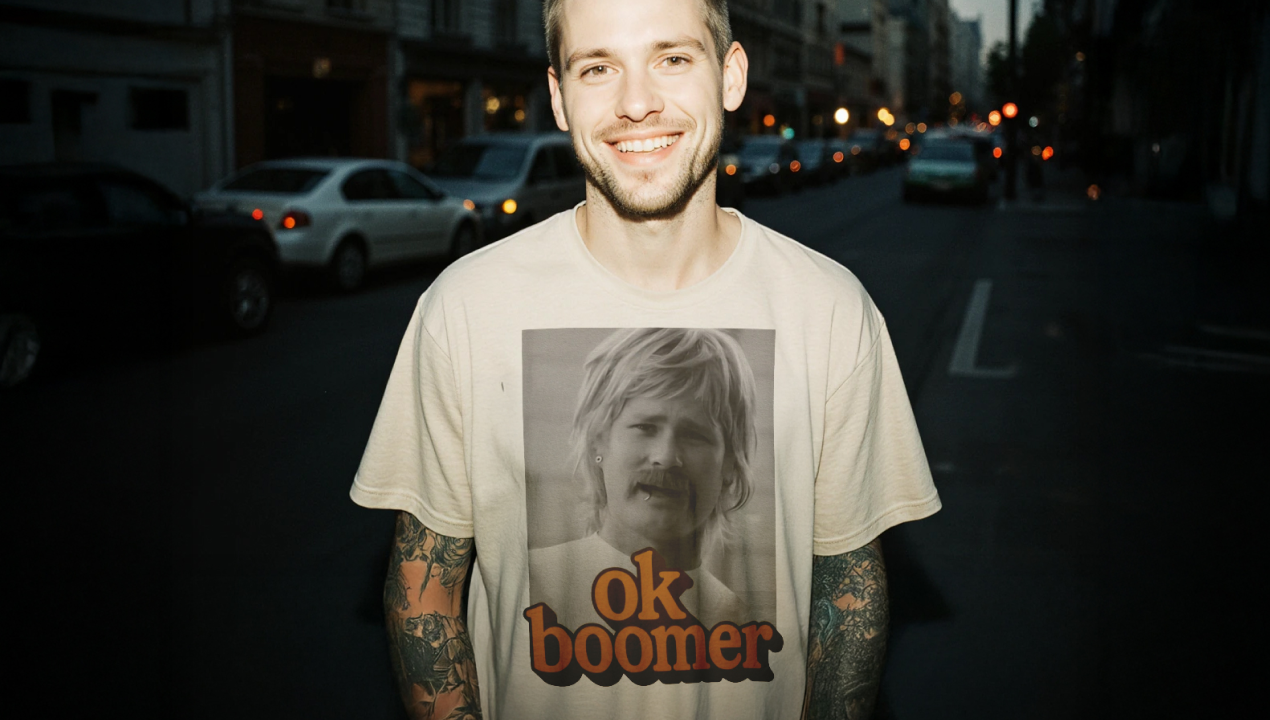 Smiling man with tattoos wearing a T-shirt featuring a vintage-style photo and the text "ok boomer," standing on a city street at dusk.