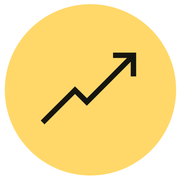 Black upward-trending zigzag arrow centered on a yellow circle