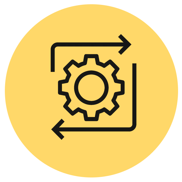 Black gear icon surrounded by two curved arrows forming a loop on a yellow circular background