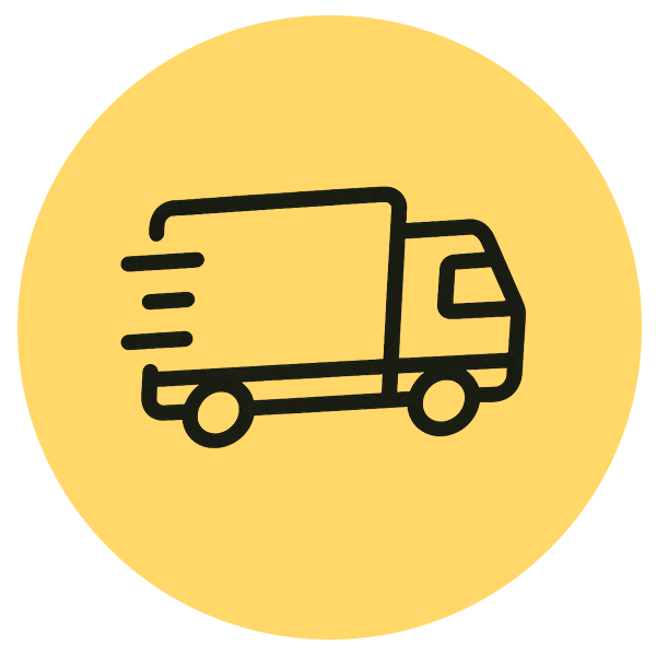 Delivery truck icon outlined in black with motion lines on a yellow circular background.