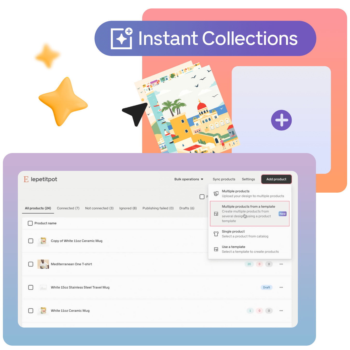 Dashboard interface for managing product collections, featuring options for adding products and a colorful illustration with stars.