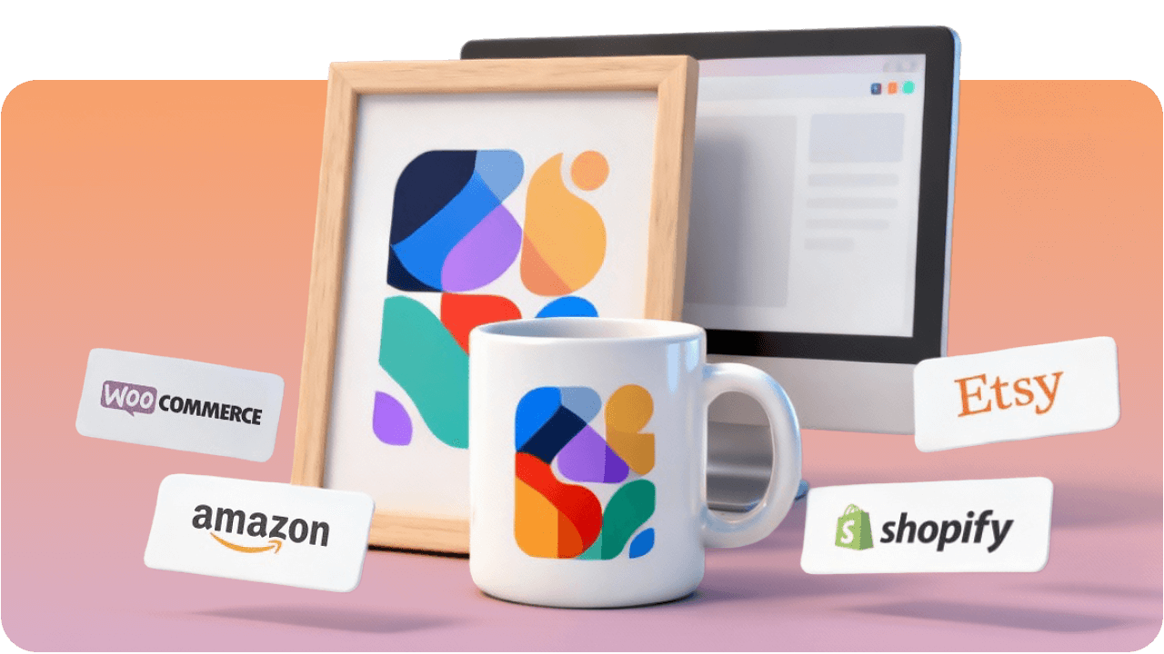 Framed abstract art and mug with matching design, surrounded by WooCommerce, Amazon, Etsy, and Shopify logos, in front of a computer screen.