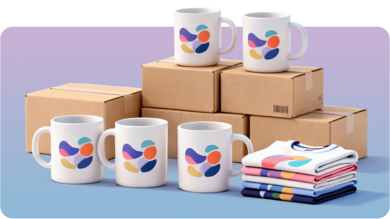 Mugs with colorful abstract designs and folded t-shirts are displayed on and around cardboard boxes against a purple and blue background.