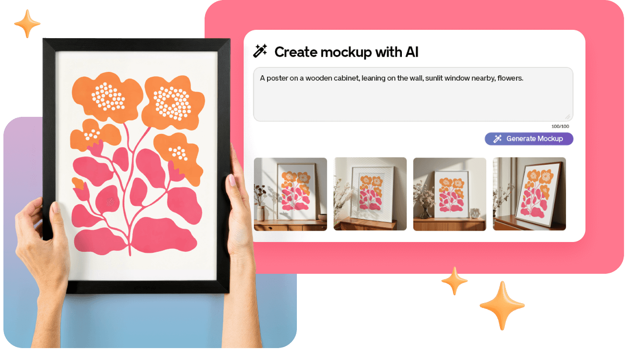 Hands holding a framed floral print with orange and pink flowers, next to a digital mockup creation interface displaying the same image.