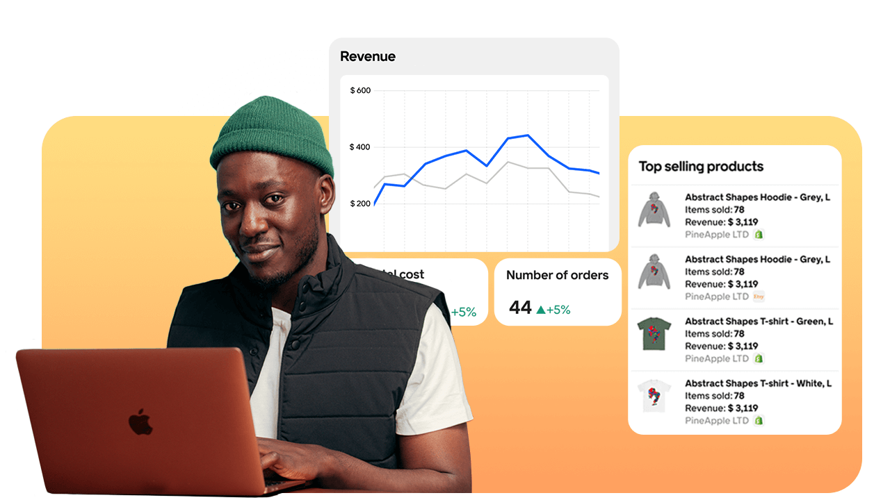Man in a green beanie using a laptop, with charts and lists of top-selling products in the background.