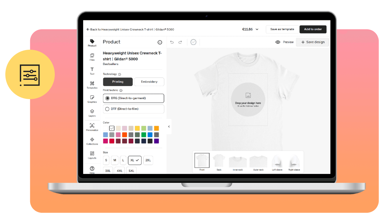 Laptop displaying a t-shirt design interface with options for printing and embroidery. Left sidebar shows a settings icon.