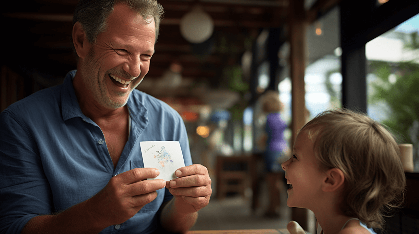 Father laughing at card