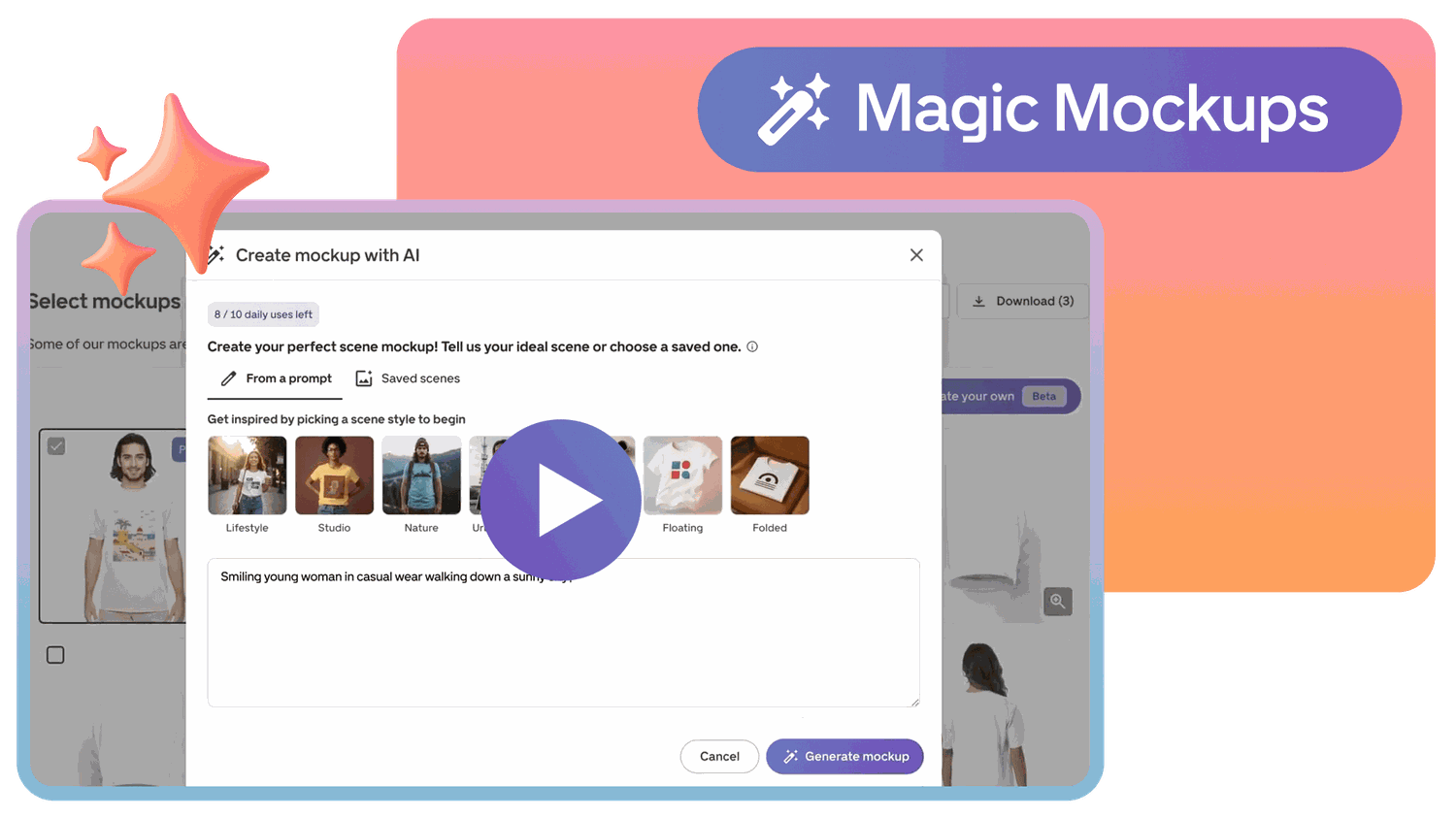 Screenshot of a website tool for creating AI-generated mockups, featuring clothing items and a "Generate mockup" button.