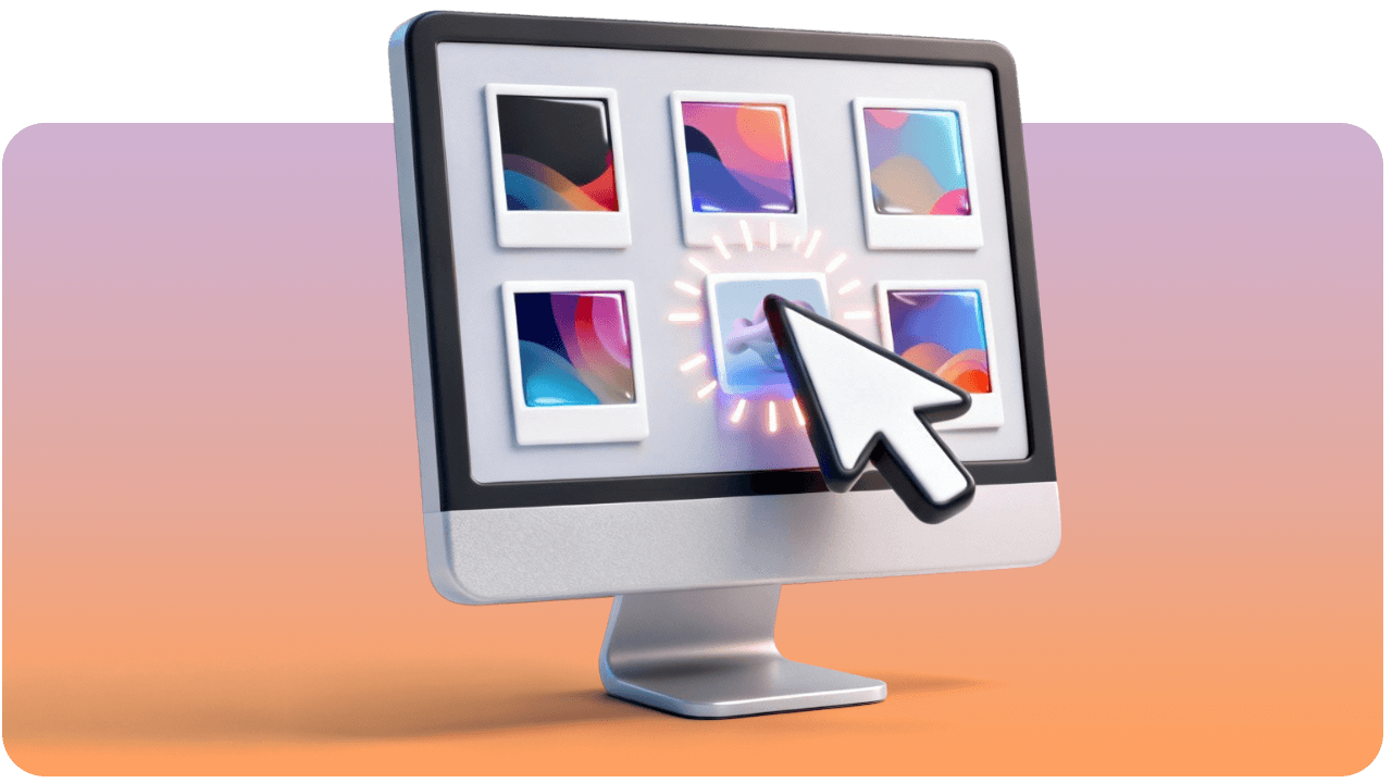 A computer monitor displays a grid of abstract colorful images. A large cursor hovers over one image, highlighted by a glowing effect.