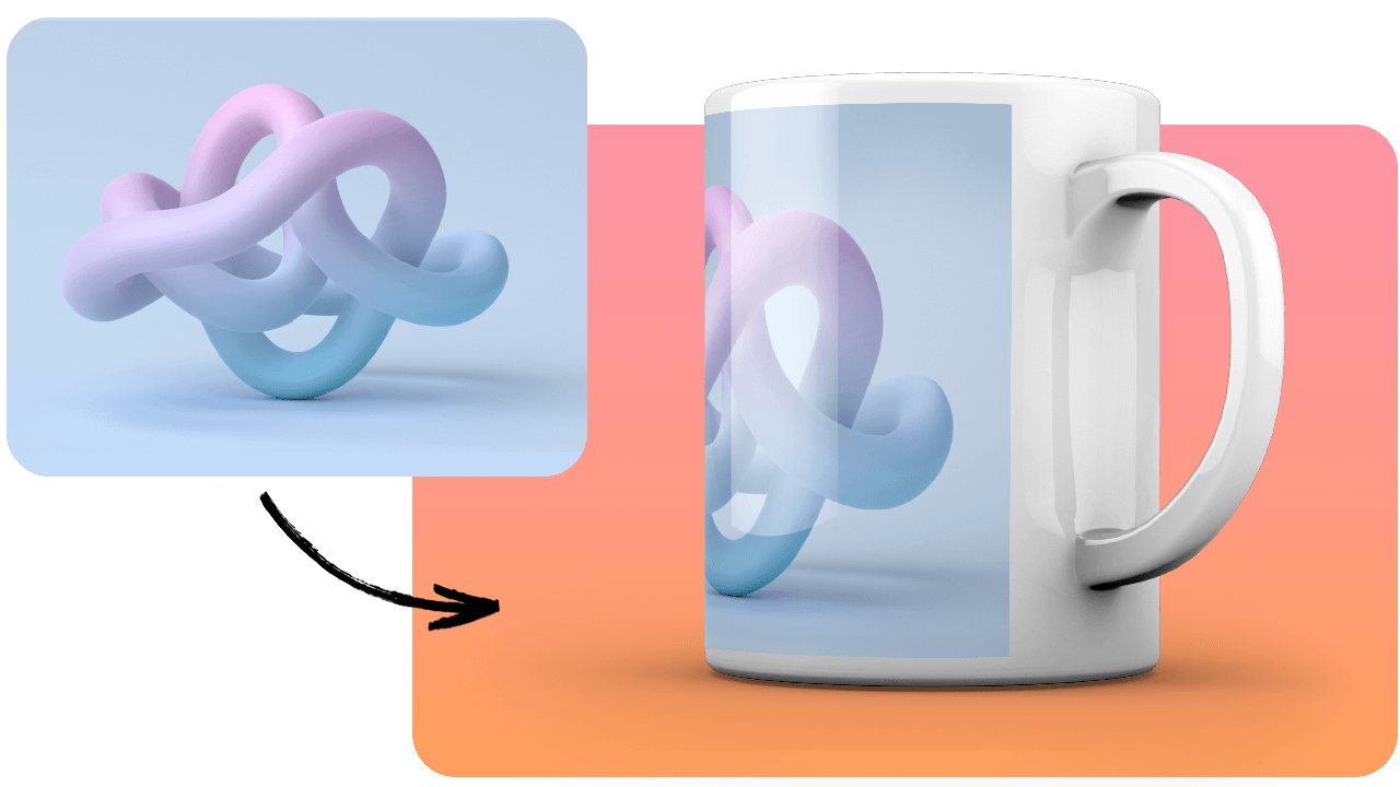 A mug with a pastel-colored abstract knot design, featuring intertwined loops in shades of pink, purple, and blue.