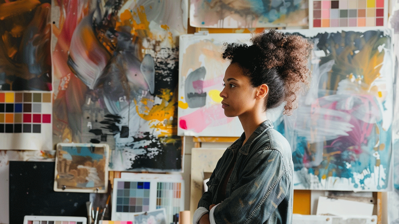 Thoughtful artist with inspiration board