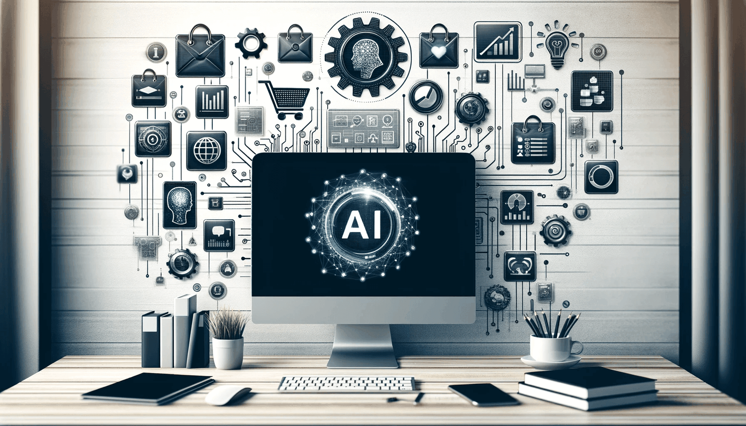 infographic of the advantages of AI in ecommerce / an ecommerce professional looking at charts suggesting growth with a pleased expression