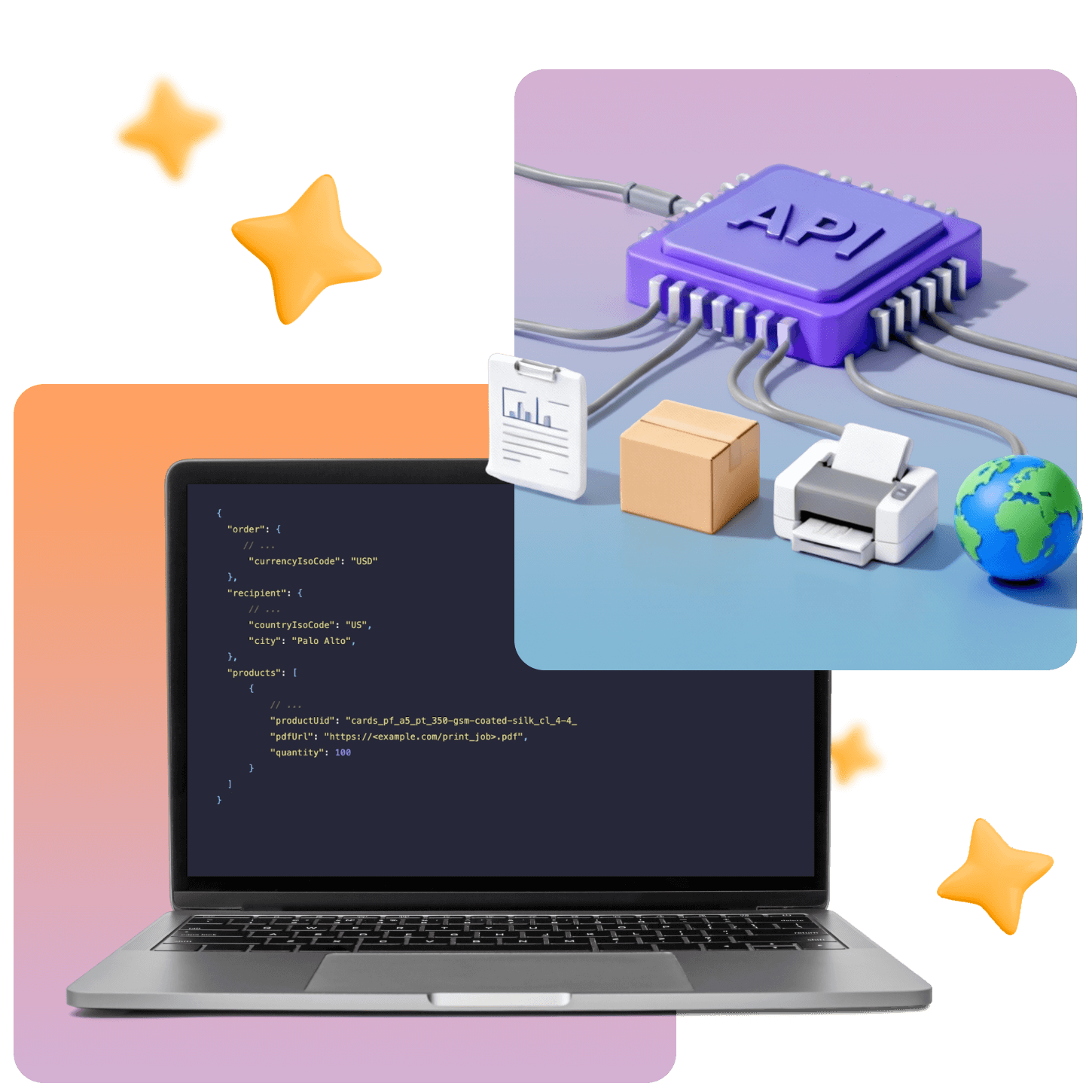 Laptop displaying code, 3D illustration of an API chip connected to various devices, and floating stars, symbolizing technology integration.