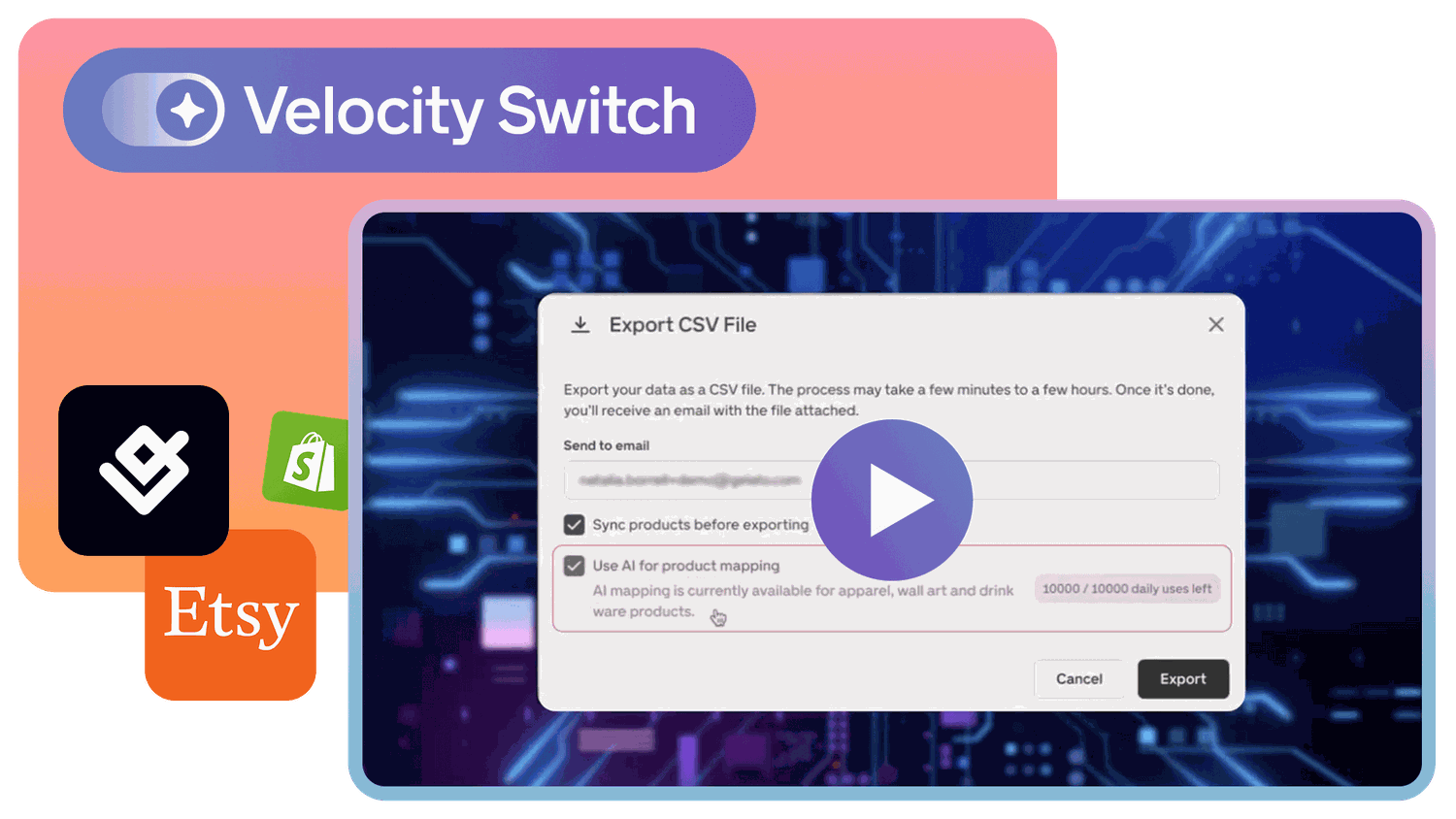 Interface showing a CSV export dialog with a "Use AI for product mapping" option, surrounded by Velocity Switch, Etsy, and Shopify logos.