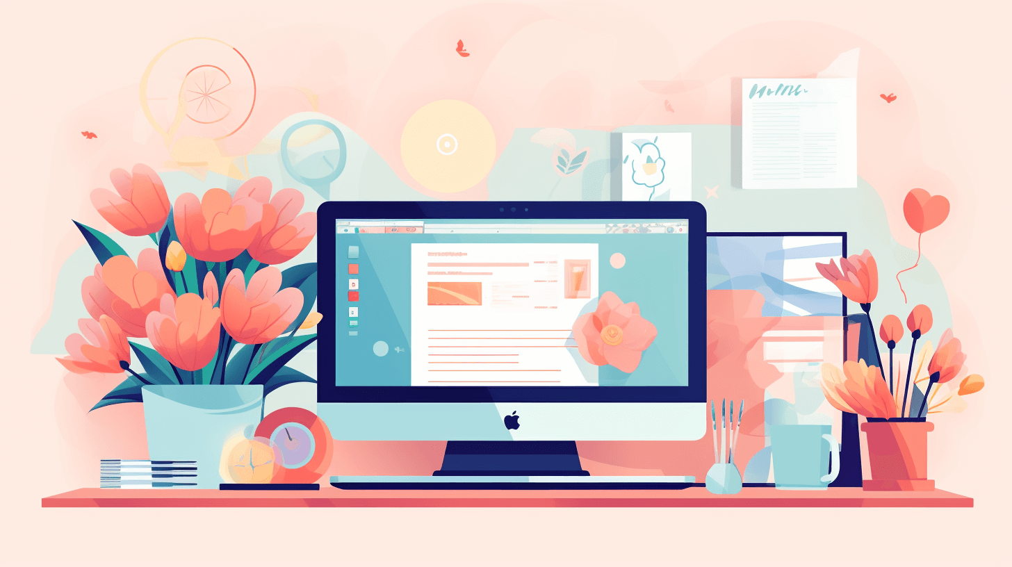 a creative workspace with a computer displaying an open newsletter, surrounded by April-themed decorations / an April calendar