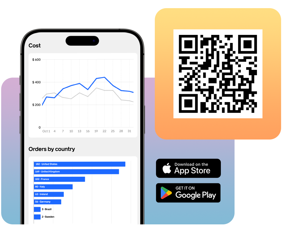 Smartphone displaying graphs and charts next to a QR code. Below are download buttons for the App Store and Google Play.