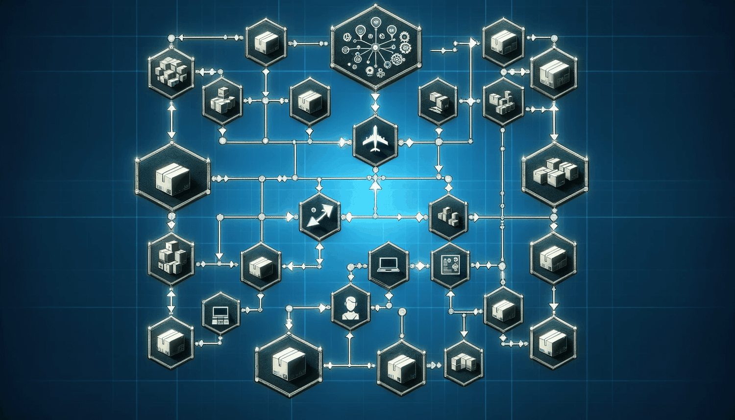 a flowchart or a series of interconnected boxes, representing the stages of an ecommerce supply chain / an infographic detailing each stage of the supply chain