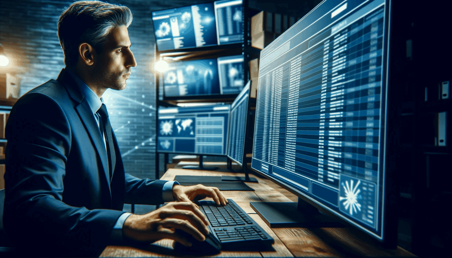 business owner managing their inventory/on the computer and looking focused