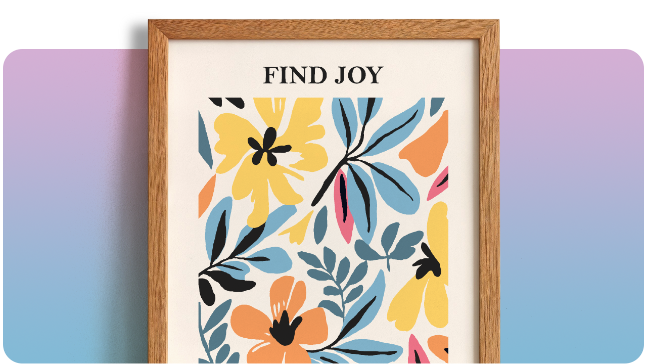 Framed floral artwork with "FIND JOY" text, featuring yellow, orange, and blue flowers on a gradient purple background.