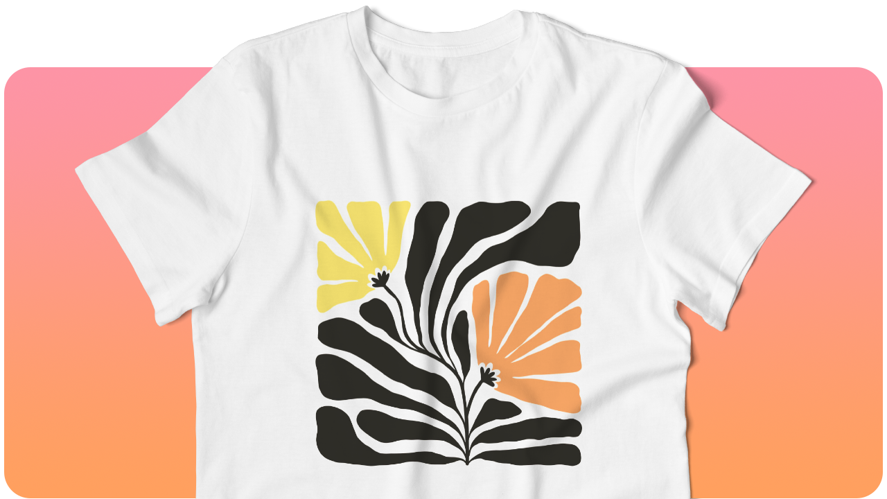 White T-shirt featuring a stylized floral design with yellow and orange flowers and black leaves on a gradient pink and orange background.