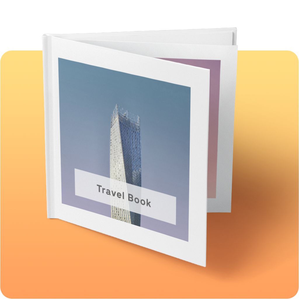 A travel book with a cover featuring a modern skyscraper against a clear blue sky, set against a gradient orange background.