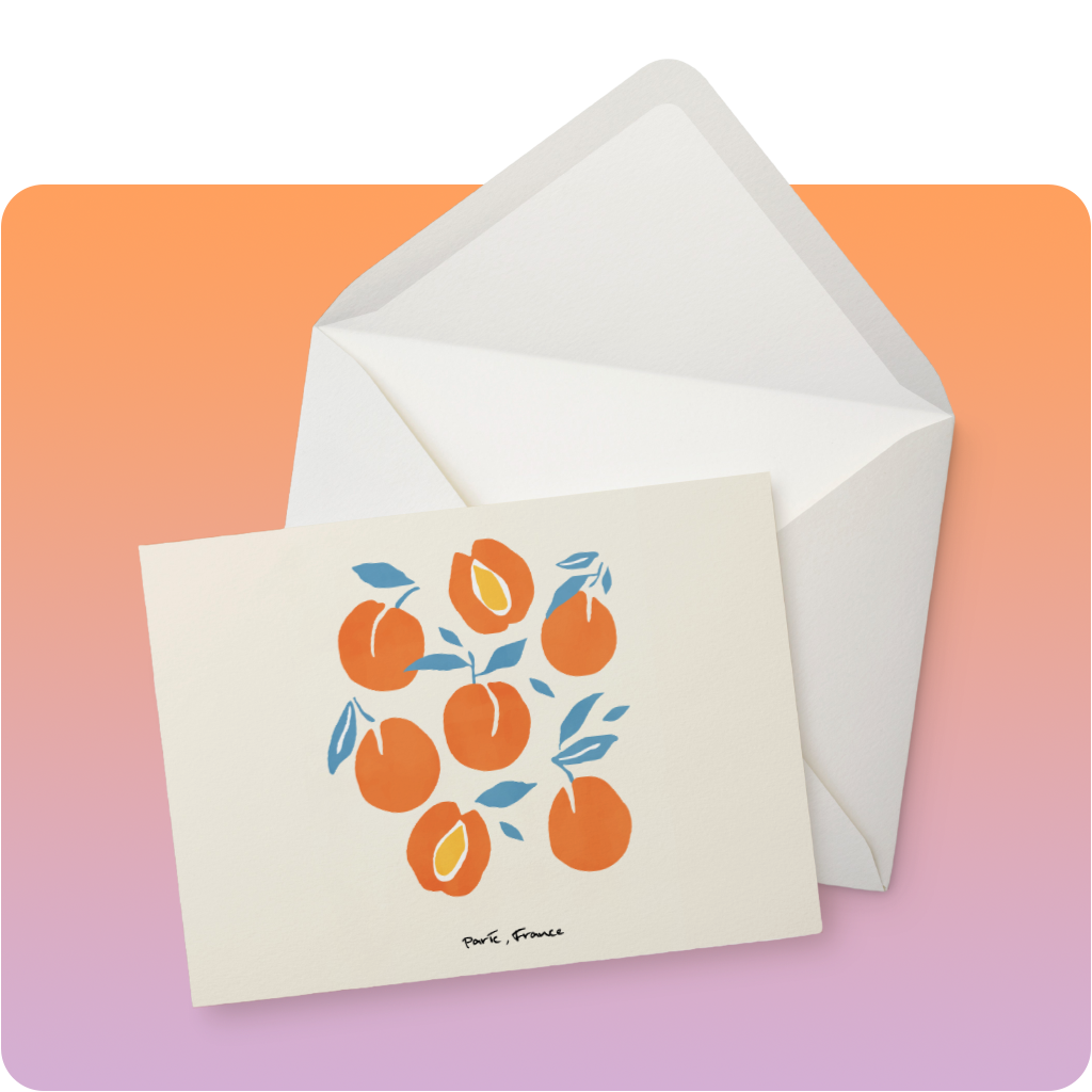 Greeting card with illustrated oranges and leaves, partially inside an open white envelope on a gradient orange and purple background.